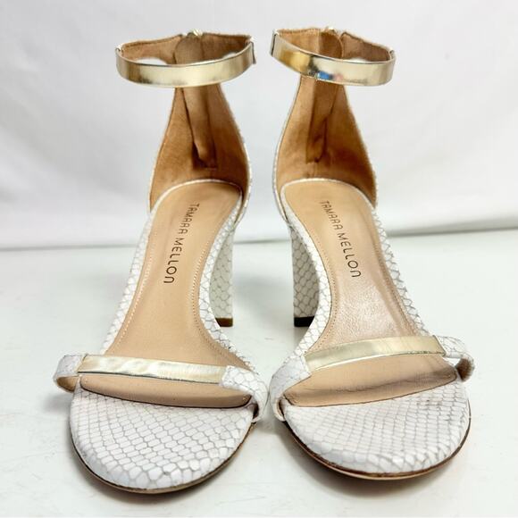 Tamara Mellon White & Gold Snakeskin Triangle Heel Sandals Size Eur 36.5/ US 6.5 - Picture 4 of 10